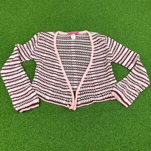 Vintage Y2K Say What? Girls Pink Brown Striped Open Front Chunky Cardigan Sz M